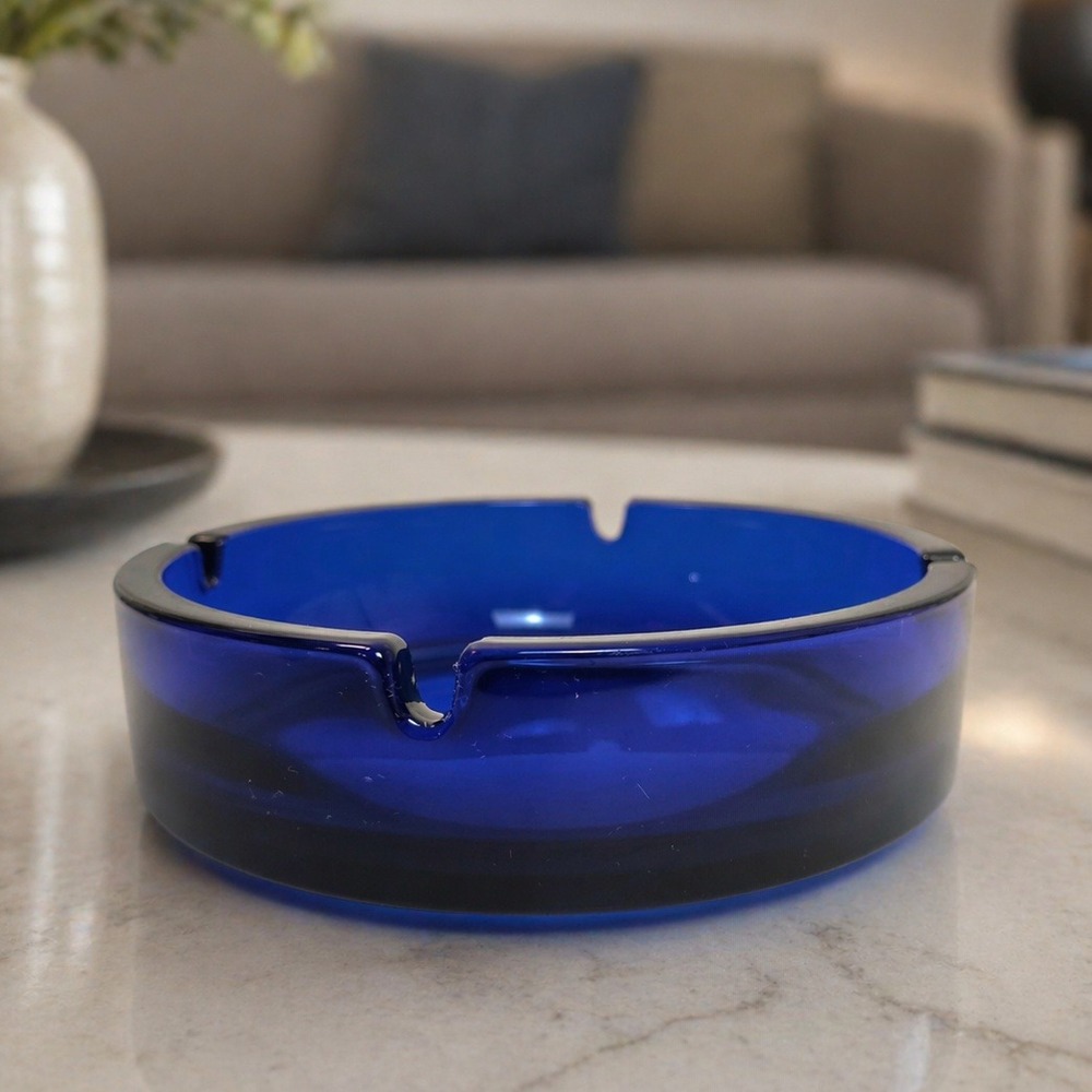 Vintage Cobalt Blue Glass Ashtray Made in France Round Mid Century Modern 5.75in